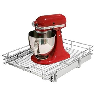 Imagem de DINDON Organizador de armário removível de 1 camada (50,8 cm L x 45,7 cm D) Prateleira de gaveta deslizante de metal resistente, cesta de arame deslizante para armários de cozinha, despensa, banheiro,