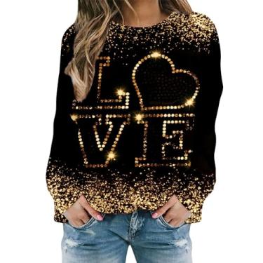 Imagem de Suéter feminino para o Dia dos Namorados com estampa de gola redonda e manga comprida, Dourado, 4G