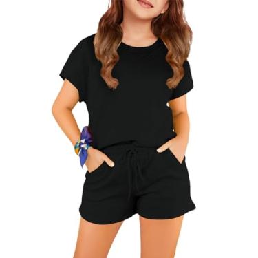 Imagem de Haloumoning Conjunto de 2 peças para meninas, camiseta de manga curta e shorts com cordão, roupas de verão, Preto, 13-14 Anos