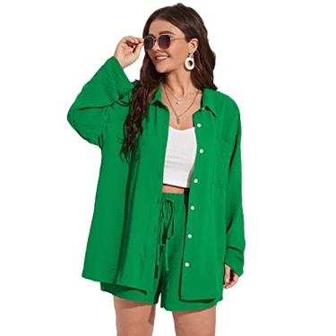 Imagem de Conjunto feminino de 2 peças de linho, blusa e shorts para mulheres, camisa listrada e mini shorts de cintura alta soltos, Verde 2, 4G