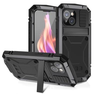 Imagem de ANROD Capa para iPhone 15, à prova d'água, à prova de choque, capa rígida de alumínio, metal, gorila, vidro, militar, resistente, capa protetora para iPhone 15, com suporte (preto)
