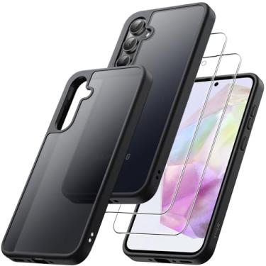 Imagem de JETech Capa Fosca 3 em 1 para Samsung Galaxy A35 5G, com Protetor de Tela de Vidro Temperado de 2 Pacotes, Case Capinha de Telefone, Fosca e à Prova de Choque com Proteção para Câmara (Preto)