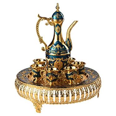 Imagem de Conjunto de bule de chá e café turco vintage para 6, incluindo bandeja e bule de chá prata inserida com cristais e bandeja de cristal - turco, grego, árabe, conjunto