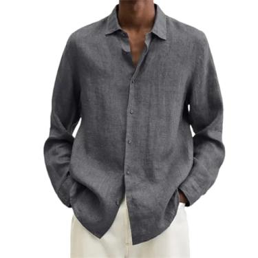Imagem de Camisa masculina casual de linho de algodão lisa manga longa solta camiseta masculina primavera outono, Cinza escuro, PP