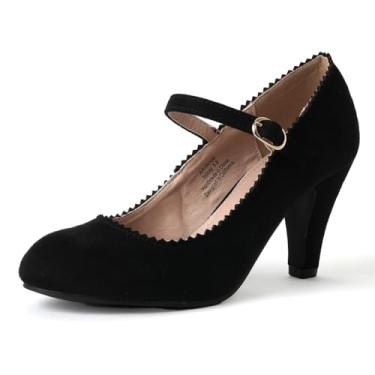 Imagem de J. Adams Sapatos femininos Honey Heels – Sapato feminino estilo Mary Jane com bico redondo e borda recortada – Salto Mary Jane vintage para mulheres, Camurça vegana preta, 11