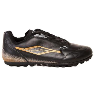 Imagem de Chuteira Society Adulto Infantil Couro Legítimo Fut7 Soçaite Tenis Society Grama Sintética (Preto e Dourado, BR, Adulto, Numérico, 39)