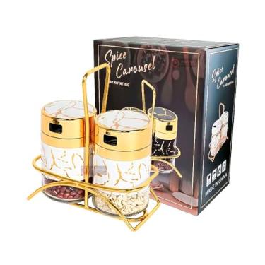 Imagem de Porta Tempero Condimento Com Suporte Aço Inox Vidro, 2 Potes 150ML Com Tampa Dosadora, Efeito de Marmore Luxo, Dourado Cor Ouro (Branco Com Dourado (Cor de Ouro))