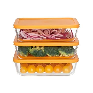 Imagem de Conjunto Jogo C/3 Potes de Vidro Refratário C/ Tampa Laranja 700ml