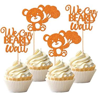 Imagem de 24 peças We Can Bearly Wait Toppers de cupcake com glitter balão urso palitos de cupcake decorações de bolo de chá de bebê para chá de bebê tema de revelação de gênero chá de bebê infantil suprimentos de festa de aniversário laranja