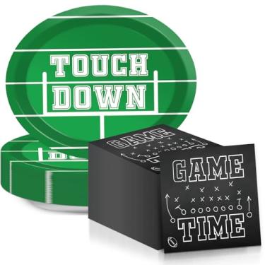 Imagem de Football Oval Paper Plates Football Party Decorations Green Touch Down Plates and Napkins Game Time Birthday Supplies 11inch Rugby Sports Dish Tray Dinnerware for Football Game Celebration, 25 Guest