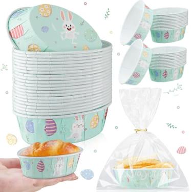 Imagem de FillTouch 25 peças de formas de pão de papel Coelho da Páscoa 7,5 x 5,5 x 3,8 cm, mini forros de forma de pão com sacos de plástico transparentes e laços, formas de bolo ovais descartáveis para assar