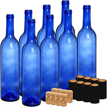 Imagem de DEAYOU Pacote com 8 garrafas de vinho Bordeaux de 750 ml, garrafas transparentes de vidro com 8 rolhas e 8 cápsulas retráteis de PVC, garrafa vazia de fundo plano para clarete, licor, champanhe, suco, bebidas, decorações, azul cobalto