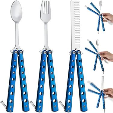 Imagem de Eaasty Conjunto de 3 peças de pente de borboleta, garfo e colher, colher tática de borboleta dobrável de aço inoxidável para acampamento, caça, viagem ao ar livre (azul)