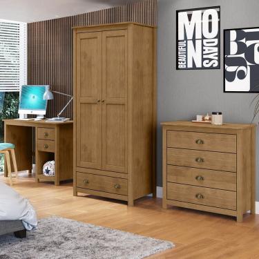 Imagem de Conjunto Quarto: Guarda-Roupa 2 Portas, Escrivaninha, Cômoda 4 Gavetas Topázio Freijó M...