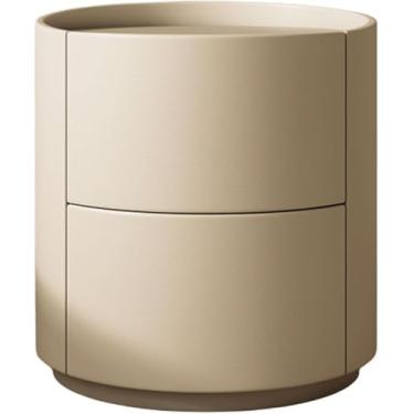 Imagem de Mesa de cabeceira redonda moderna de madeira, mesa de cabeceira luxuosa para sala de estar, gaveta externa de armazenamento de couro, prateleira, mesa lateral para cama