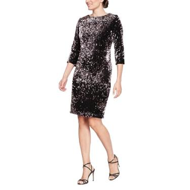 Imagem de S.L. Fashions Vestido feminino curto de lantejoulas com bainha de veludo com mangas 3/4, convidada de casamento, vestido de festa, Preto/ouro rosa, 42