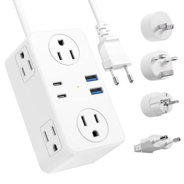 Imagem de Kakyanill Adaptador de tomada de viagem europeu, adaptador de tomada de viagem UE/Reino Unido/EUA, 6 tomadas CA, 4 portas USB (2 USB C), cabo de extensão envolto de 90 cm, adaptador universal de