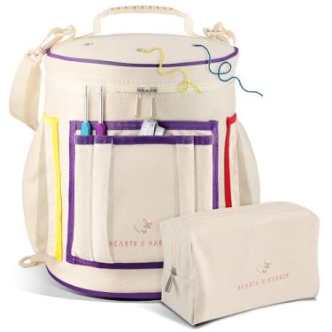 Imagem de Hearth & Harbor Organizador de saco de crochê – Bolsa de tricô durável, organizador de fios para acessórios e suprimentos de crochê, bolsa de fio de lona, organizador de crochê com estojo de