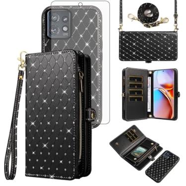 Imagem de Asuwish Capa de celular para Motorola Edge+ Plus 2023/Edge 40 Pro 5G/Moto X40 Carteira com zíper destacável com protetor de tela de vidro temperado, alça flip com glitter, compartimento para cartão X