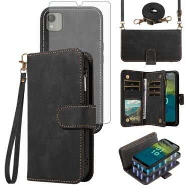 Imagem de Asuwish Capa de telefone para Nokia C110 carteira com zíper destacável capa magnética com protetor de tela de vidro temperado alça transversal alça flip porta-cartão slot C 110 4G N156DL mulheres