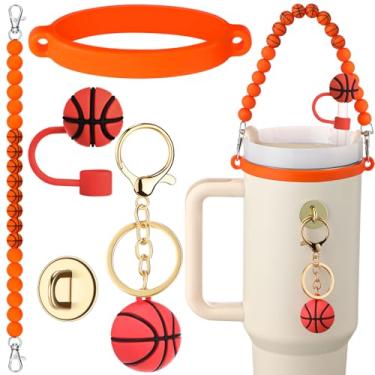 Imagem de Skylety Conjunto de 5 peças de acessórios de copo de silicone compatível com Stanley Cup, incluindo alça de garrafa de contas de silicone, chaveiro de basquete 3D, capa de canudo de basquete, anel de