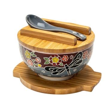 Imagem de Hinomaru Collection Tigela de macarrão de arroz estilo Kamameshi japonês, com tampa de bambu, pauzinhos e colher de porcelana (Tombo Dragonfly)