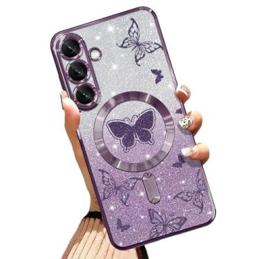 Imagem de AIGOMARA Capa de telefone feita para Plus [compatível com carregamento sem fio] Design de borboleta TPU macio Glitter Bling Capa à prova de choque anti-arranhões para mulheres - Roxa