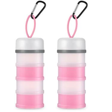 Imagem de Baderke 2 recipientes de proteína em pó com suporte de funis, 4 dispensadores de proteína em pó empilháveis à prova de vazamento, porta-chaves portátil para treino, fitness, viagem (rosa, branco)