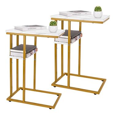 Imagem de Yoobure Conjunto de 2 mesas de canto em forma de C, mesa lateral para sofá e cama, mesas laterais pequenas para espaços pequenos, sala de estar, quarto, mesas de lanche rústicas