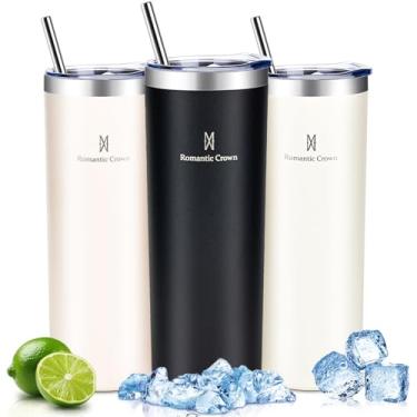 Imagem de Romantic Crown Copo Termico com Canudo e Tampa 591ml,Copos Caneca para Viagem Duplo aço Inoxidável Reforçado,Copo Térmica Cafe,Presente,Fitness,Viagens (Preto)
