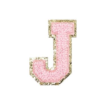 Imagem de ZOOX Adesivos dourados com inicial universitária de chenille rosa e purpurina, adesivo adesivo de ferro sobre a argola, altura de 5,7 cm (J)