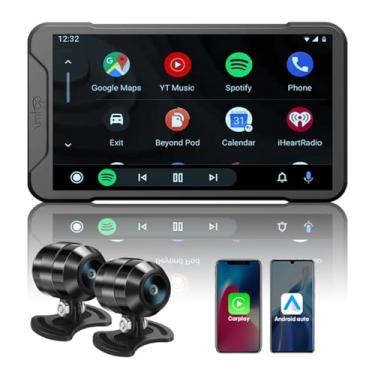 Imagem de Câmera de painel de motocicleta com lente dupla 1080p, tela sensível ao toque IPS de 5 polegadas Navegador GPS à prova d'água IP65 WiFi Bluetooth Media MP5 Player, tela sem fio Carplay/Android Auto,