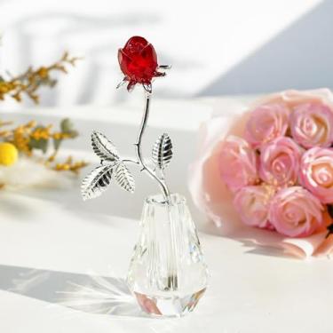 Imagem de H&D HYALINE & DORA Ornamento de estatueta de flor de rosa de cristal decoração de mesa de aniversário de casamento presente de dia dos namorados para ela (rosa vermelha com haste de metal prateado)