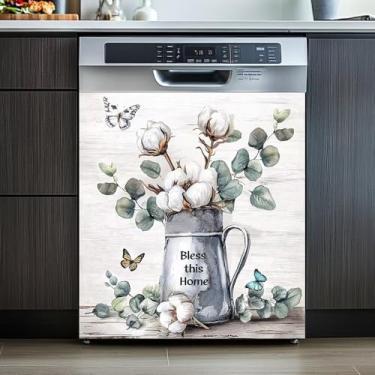 Imagem de Adesivo magnético de capa de máquina de lavar louça, pintura de placa de madeira de flor de algodão, painel de vinil magnético para geladeira, painel de vinil decorativo para geladeira, painel de