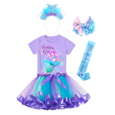 Imagem de Doctor Unicorn Conjunto de roupa de sereia de aniversário para meninas, vestido de saia tutu, camisa de aniversário de sereia, faixa de cabeça e faixa de cetim (roxo-1, 10-11 anos)