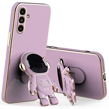 Imagem de Capa compatível com Samsung M55 com suporte de desenho animado de astronauta criativo rosa, capa para Samsung Galaxy M55 capa de silicone à prova de choque com suporte macio TPU capa fina (roxa)