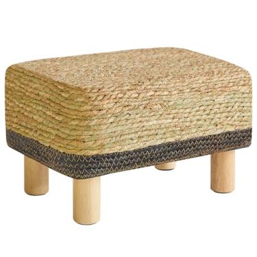 Imagem de YMYNY Banqueta retangular para os pés de alga marinha natural pufe trançado à mão com pernas de madeira, banqueta multifuncional moderna, mesa lateral de sofá para sala de estar, quarto, entrada preta