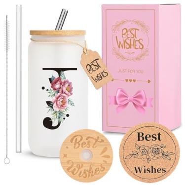 Imagem de Copo de vidro inicial personalizado para mulheres, copo de vidro HWJH de 473 ml com tampas e canudos, conjunto de presente monogramado, copo reutilizável fosco com caixa de presente e porta-copos de
