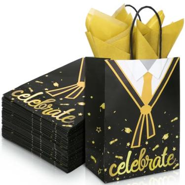 Imagem de FYSUIMU 24 sacos de presente de formatura com 24 folhas de papel de seda dourado preto dourado parabéns sacos de presente de graduação com alças para suprimentos de festa de graduação escolar