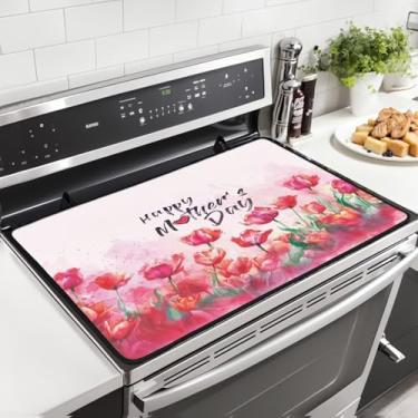 Imagem de PJHEQOXE Almofada de isolamento de fogão elétrico Dia das Mães padrão de cravo protetor de cobertura de fogão de vidro, tapete protetor multifuncional para bancadas de cozinha e tampas de máquina de