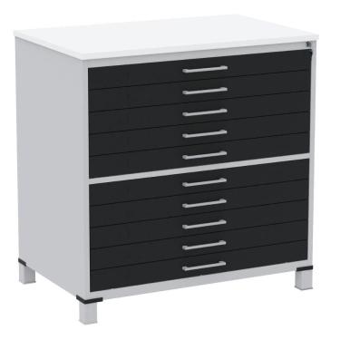 Imagem de Mapoteca 10 Gavetas Pandin 120 Cm (larg) Inmetro Tampo Mdp Branco Estrutura Aço Cinza Gavetas Pretas