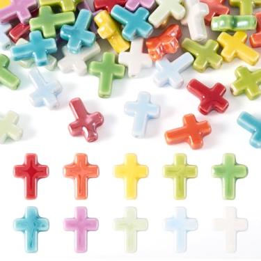 Imagem de Boutigem 50 contas de porcelana cruzadas, crucifixo colorido, cruz, contas de cerâmica, rosário de Páscoa, contas artesanais, contas espaçadoras soltas para artesanato faça você mesmo, brinco,