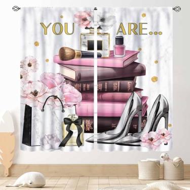 Imagem de Cortinas modernas cor-de-rosa, perfume, para mulheres, meninas, saltos, revistas, livros, rosa, floral, cosméticos, maquiagem, estética romântica, cortina de janela para quarto, sala de estar,
