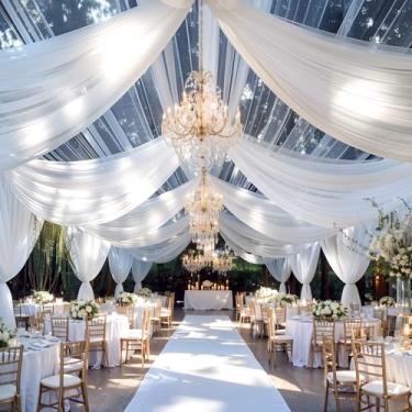 Imagem de 6 painéis, cortinas de teto brancas de 1,5 m x 6 m para casamento - cortinas transparentes de teto, cortinas de teto, drapeado, voile, tule para cerimônia de recepção, palco, evento