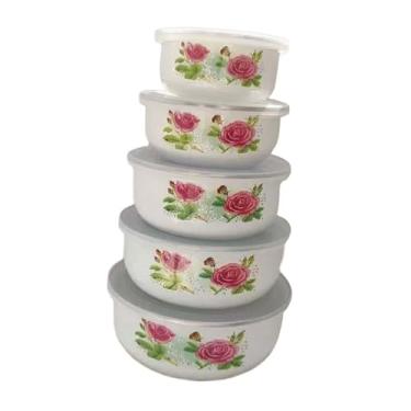 Imagem de Bothyi 5 peças Mistura de tigela de frutas salada tigela redonda tigela de mesa versátil use tigela coberta de esmalte com tampas para biscoitos de comida, Duas Rosas