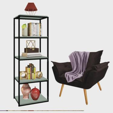 Imagem de Kit Poltrona Fatte com Manta Soft Lilás e Estante Livreiro Ferro Preto mdf Verde Oliva Suede Marrom - Ahazzo Móveis