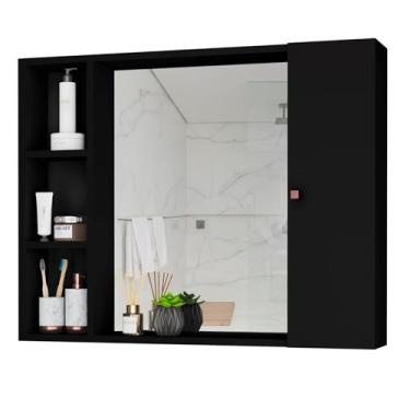 Imagem de Espelheira Tália para Banheiro com Porta e Nichos, 65x50x12 cm, Fundo Dupla Cor (PRETO)