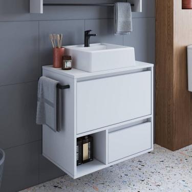 Imagem de Gabinete de Banheiro Suspenso 60cm com 1 Nicho 1 Toalheiro 1 Porta e 1 Gaveta com Cuba Branco