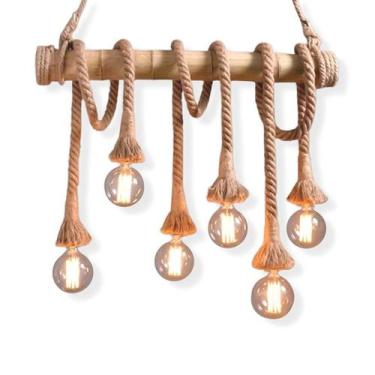 Imagem de Lustre Pendente Corda E Bambu 6 Soquetes Estilo Rústico - Nj Iluminaçã