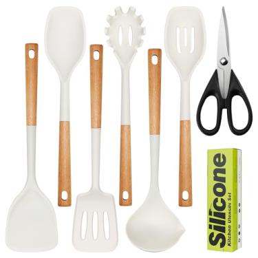 Imagem de Conjunto grande de utensílios de cozinha de silicone, 7 peças, cabo de madeira resistente ao calor, conjunto de utensílios de cozinha de silicone de grau alimentício com suporte, sem BPA para panelas